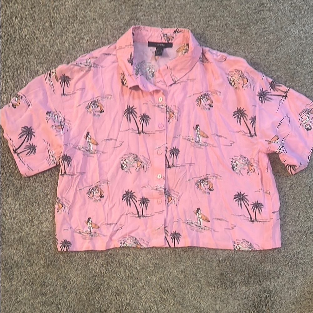 Pink Tropical Print Cropped Button-Up Shirt